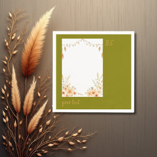 green & peach tone rustic minimal floral monogram napkin