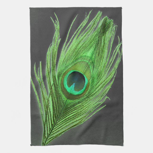 Green Peacock Feather on Black Kitchen Towel (Vertical)