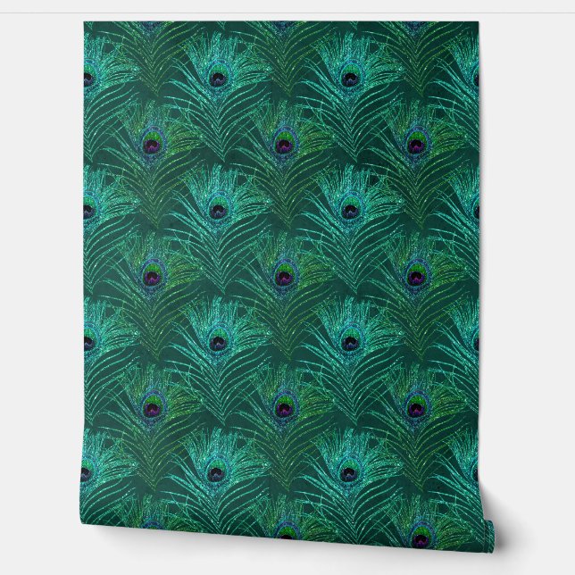 Green Peacock Feather Peel and Stick Wallpaper (Unrolling)