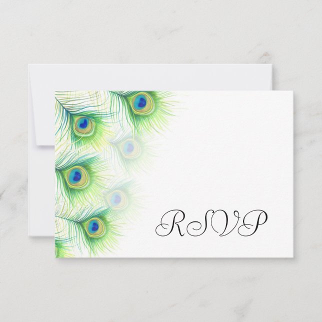 Green Peacock Feather Wedding RSVP Reply Cards (Front)