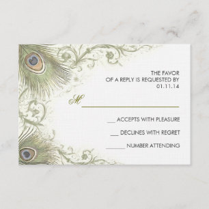 green peacock feathers vintage wedding RSVP cards