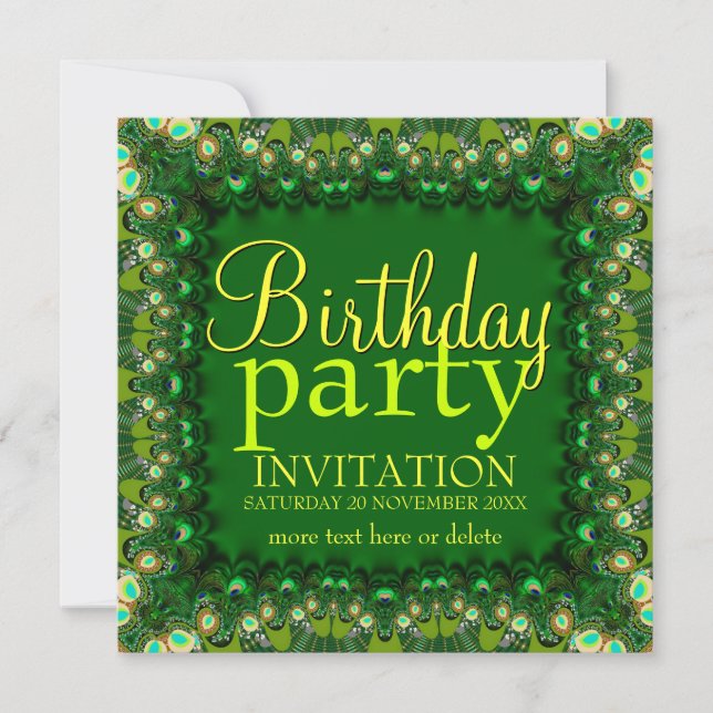 Green Peacock Lace Birthday Party Invitations (Front)