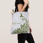 Green Peacock Leaf Vine Bridesmaid Tote<br><div class="desc">Personalise a all over print bag for your bridesmaids with a Green Peacock Leaf Vine Bridesmaid's Tote Bag. Tote design features a light grey grunge background with a vibrant green peacock with a leaf vine embellishment. Personalise with the bridesmaid's name or keep the bridesmaid title. Additional wedding stationery and gifts...</div>