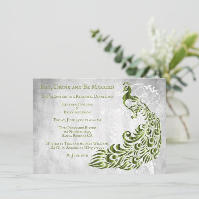 Green Peacock Leaf Vine Rehearsal Dinner Invite (Standing Front)