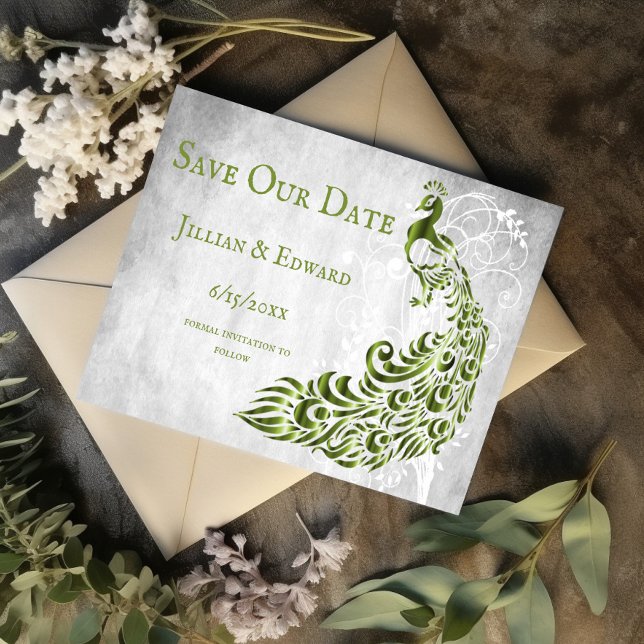 Green Peacock Leaf Vine Save The Date Announcement (Green Peacock Leaf Vine Save the Date)