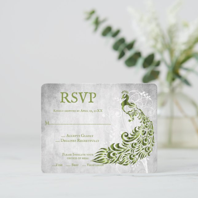 Green Peacock Leaf Vine Wedding RSVP Card (Standing Front)
