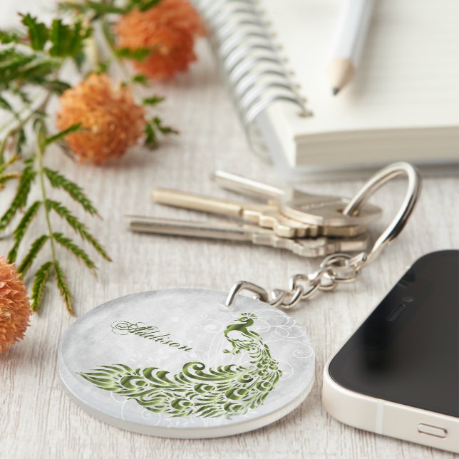 Green Peacock Personalised Acrylic Keychain (Front Right)