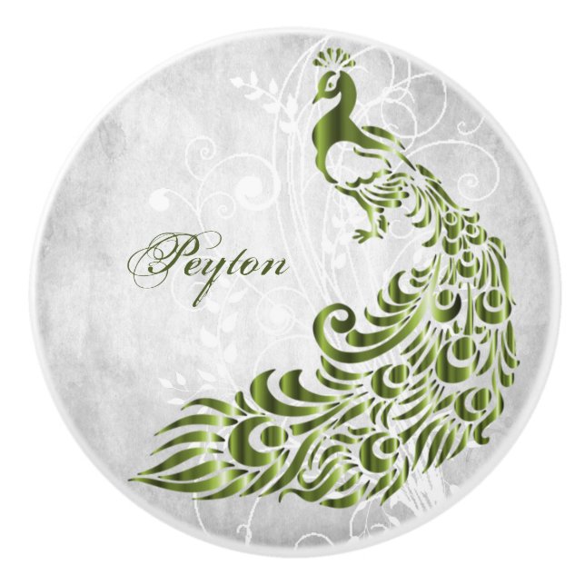 Green Peacock Personalised Ceramic Pull (Front)