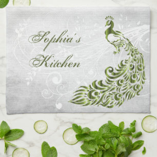 Green Peacock Personalised Kitchen Towel