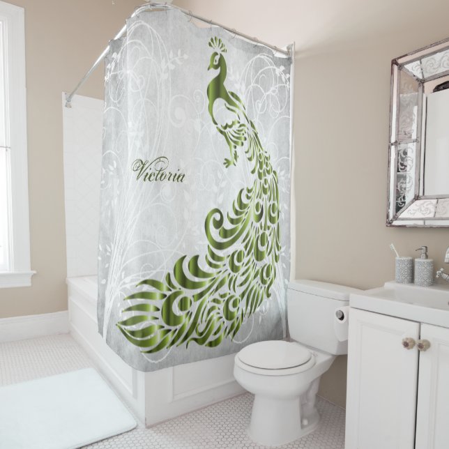 Green Peacock Personalised Shower Curtain (In Situ)