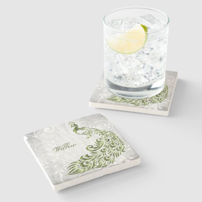 Green Peacock Personalised Stone Coaster (Side)