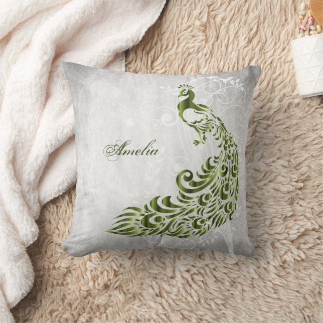 Green Peacock Personalised Throw Pillow (Blanket)