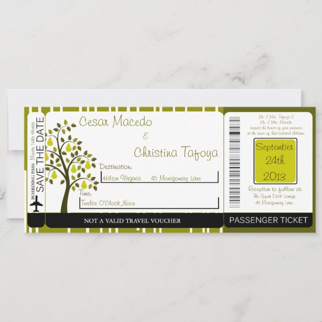 Green Pear Fruit  Boarding Pass Wedding Invitation (Front)