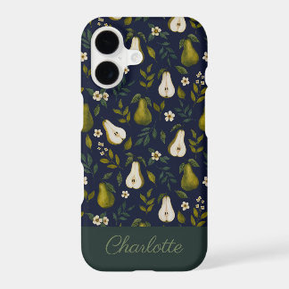 Green Pear Watercolor Pattern on Dark Blue