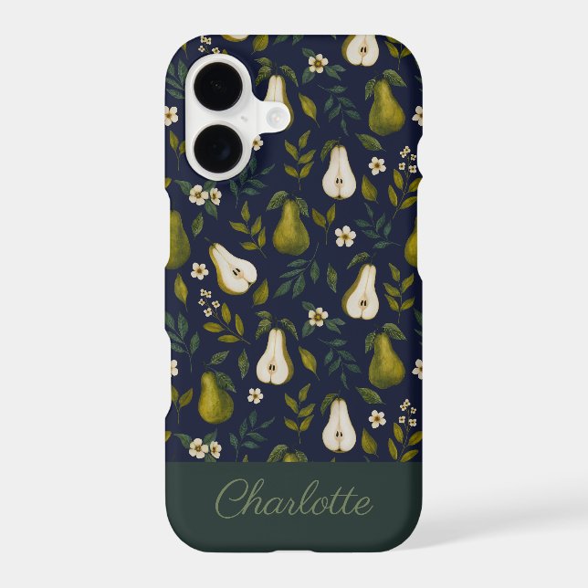 Green Pear Watercolor Pattern on Dark Blue (Back)