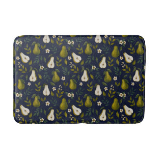 Green Pear Watercolor Pattern on Dark Blue Bath Mat