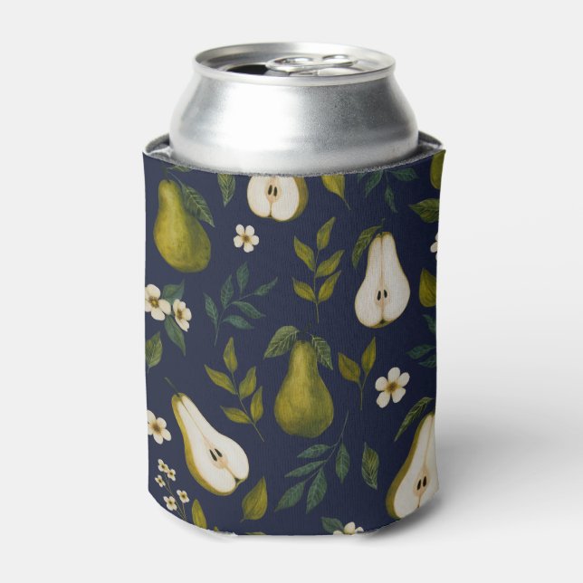 Green Pear Watercolor Pattern on Dark Blue  Can Cooler (Can Front)