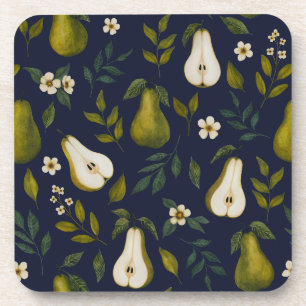 Green Pear Watercolor Pattern on Dark Blue Coaster