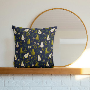 Green Pear Watercolor Pattern on Dark Blue  Cushion