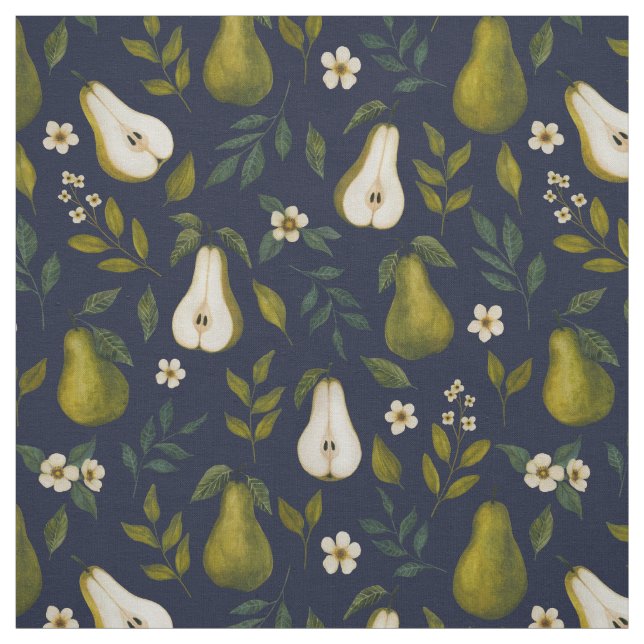 Green Pear Watercolor Pattern on Dark Blue  Fabric (Swatch)