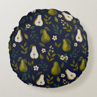 Green Pear Watercolor Pattern on Dark Blue Round Cushion