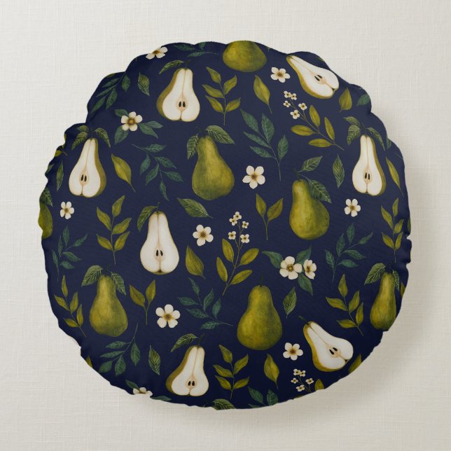Green Pear Watercolor Pattern on Dark Blue  Round Cushion (Front)