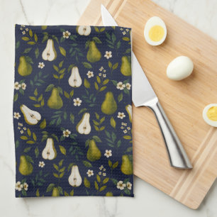 Green Pear Watercolor Pattern on Dark Blue  Tea Towel