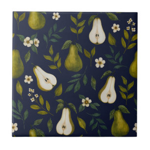 Green Pear Watercolor Pattern on Dark Blue  Tile