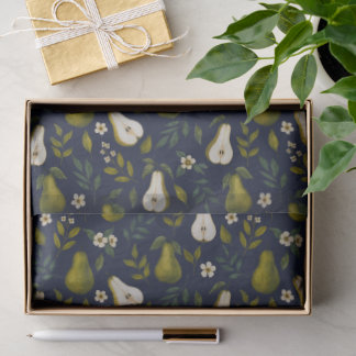 Green Pear Watercolor Pattern on Dark Blue Tissue Paper