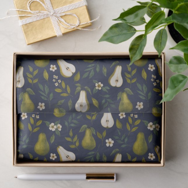 Green Pear Watercolor Pattern on Dark Blue  Tissue Paper (Gift)