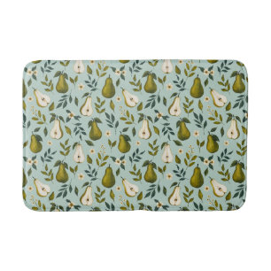 Green Pear Watercolor Pattern on Dusty Blue Bath Mat