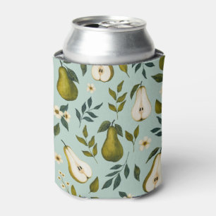 Green Pear Watercolor Pattern on Dusty Blue  Can Cooler