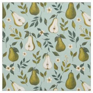 Green Pear Watercolor Pattern on Dusty Blue  Fabric