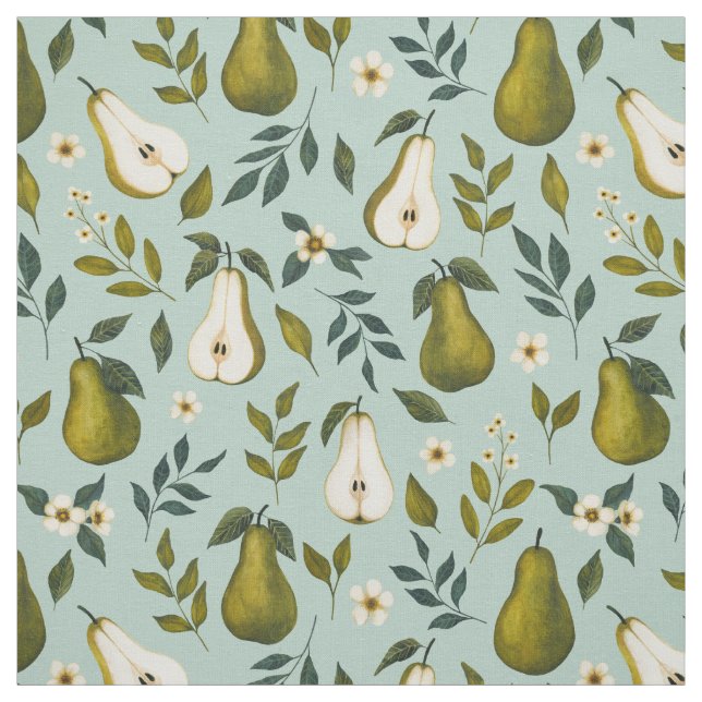 Green Pear Watercolor Pattern on Dusty Blue  Fabric (Swatch)