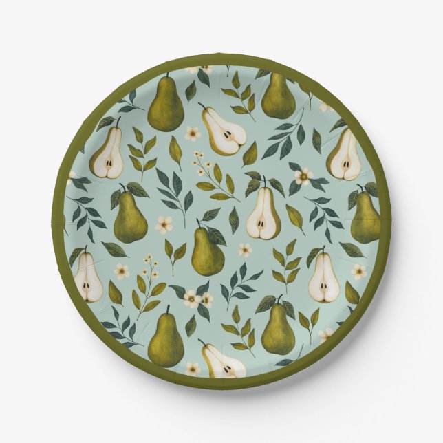 Green Pear Watercolor Pattern on Dusty Blue  Paper Plate (Front)