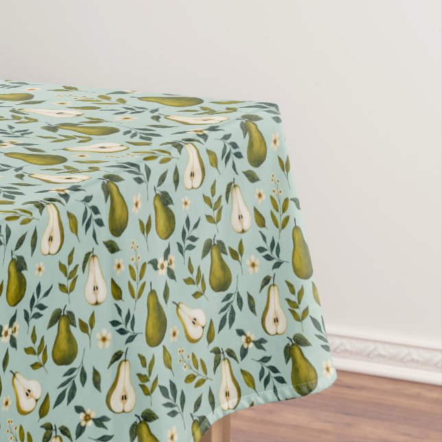 Green Pear Watercolor Pattern on Dusty Blue Tablecloth (In Situ)