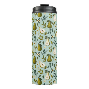 Green Pear Watercolor Pattern on Dusty Blue Thermal Tumbler
