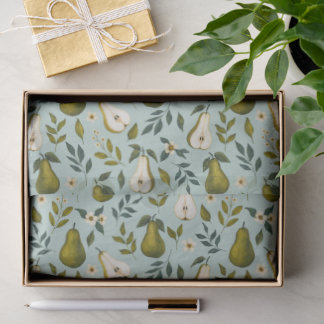 Green Pear Watercolor Pattern on Dusty Blue  Tissue Paper