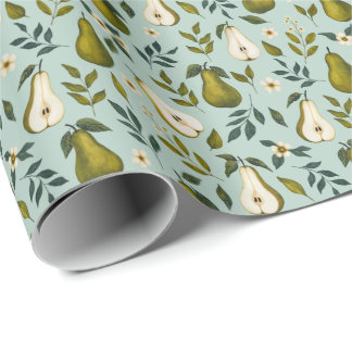 Green Pear Watercolor Pattern on Dusty Blue  Wrapping Paper