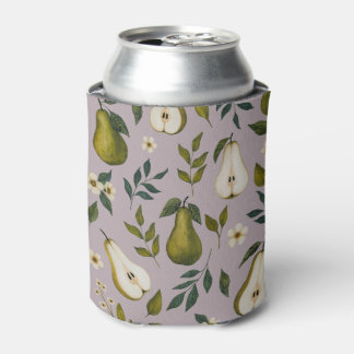 Green Pear Watercolor Pattern on Dusty Lilac Can Cooler