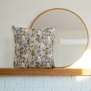 Green Pear Watercolor Pattern on Dusty Lilac Cushion