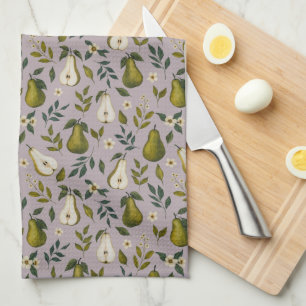 Green Pear Watercolor Pattern on Dusty Lilac Tea Towel