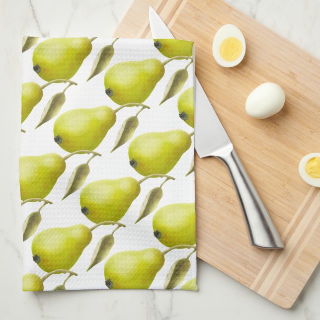 Green Pears on Wjite Tea Towel (Quarter Fold)