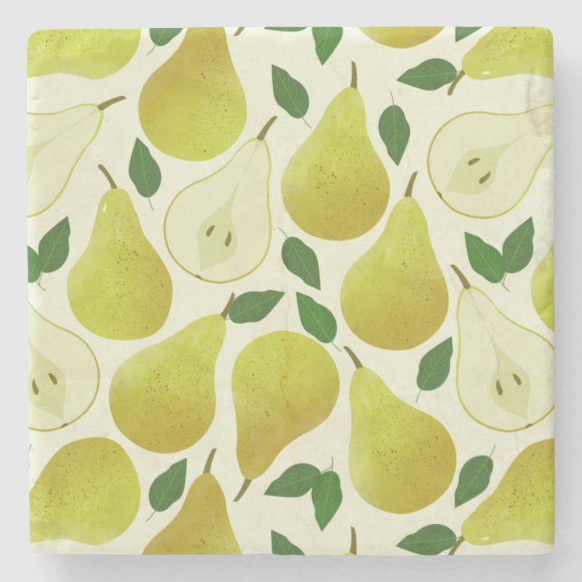 Green Pears Pattern Stone Coaster (Front)