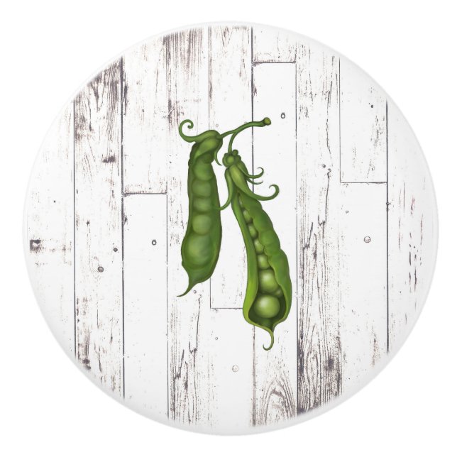 Green Peas Pea White Wood Rustic Farmhouse Kitchen Ceramic Knob (Front)