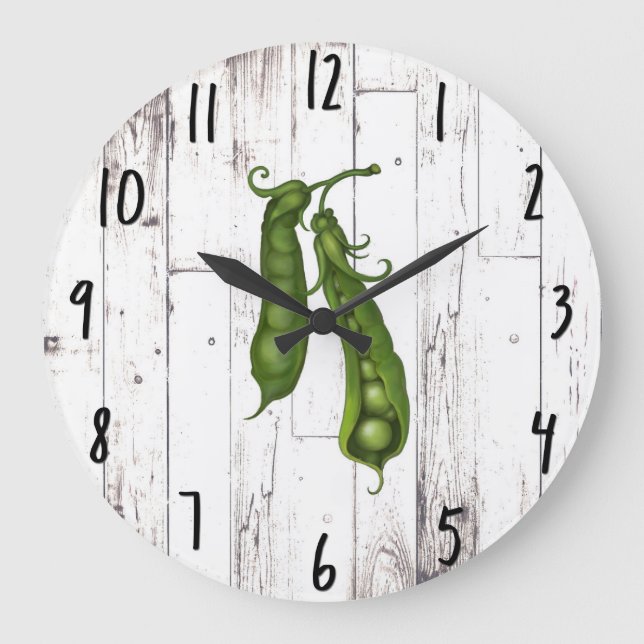 Green Peas Pea White Wood Rustic Farmhouse Kitchen Large Clock (Front)