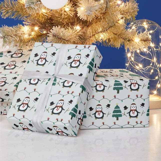Green Penguins and Christmas Trees Christmas Wrapping Paper (Holidays)