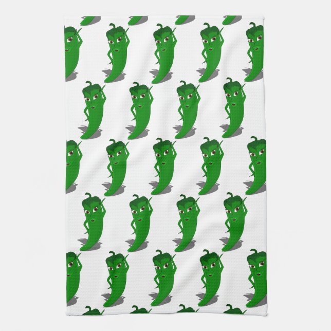 Green Pepper Diva Cartoon Pattern Tea Towel (Vertical)