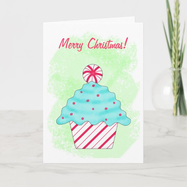 Green Peppermint Cupcake Art Merry Christmas Holiday Card (Front)