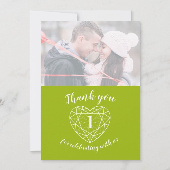 Green Peridot heart anniversary 1 years photo Thank You Card (Front)